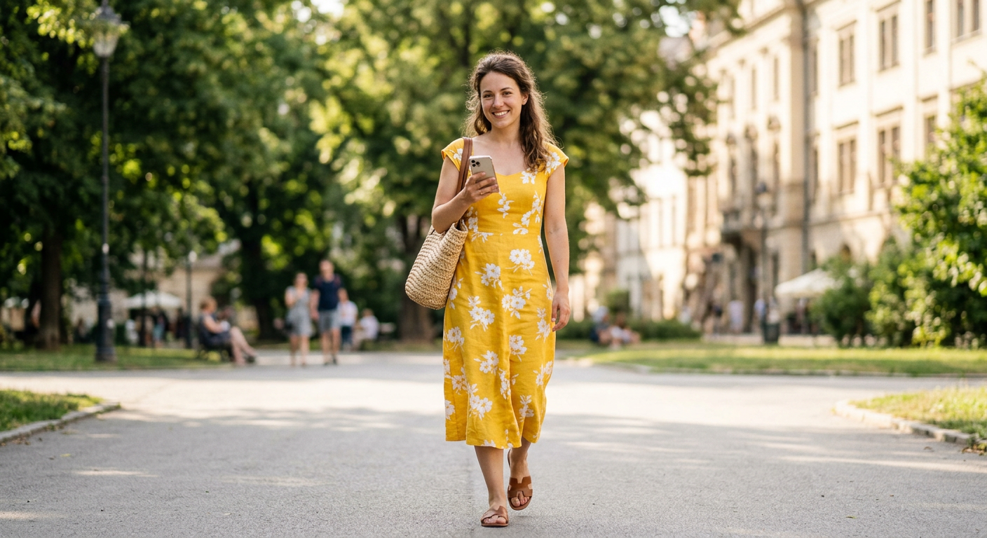 Woman Walking with Yellow Dress - graphicpicker.com