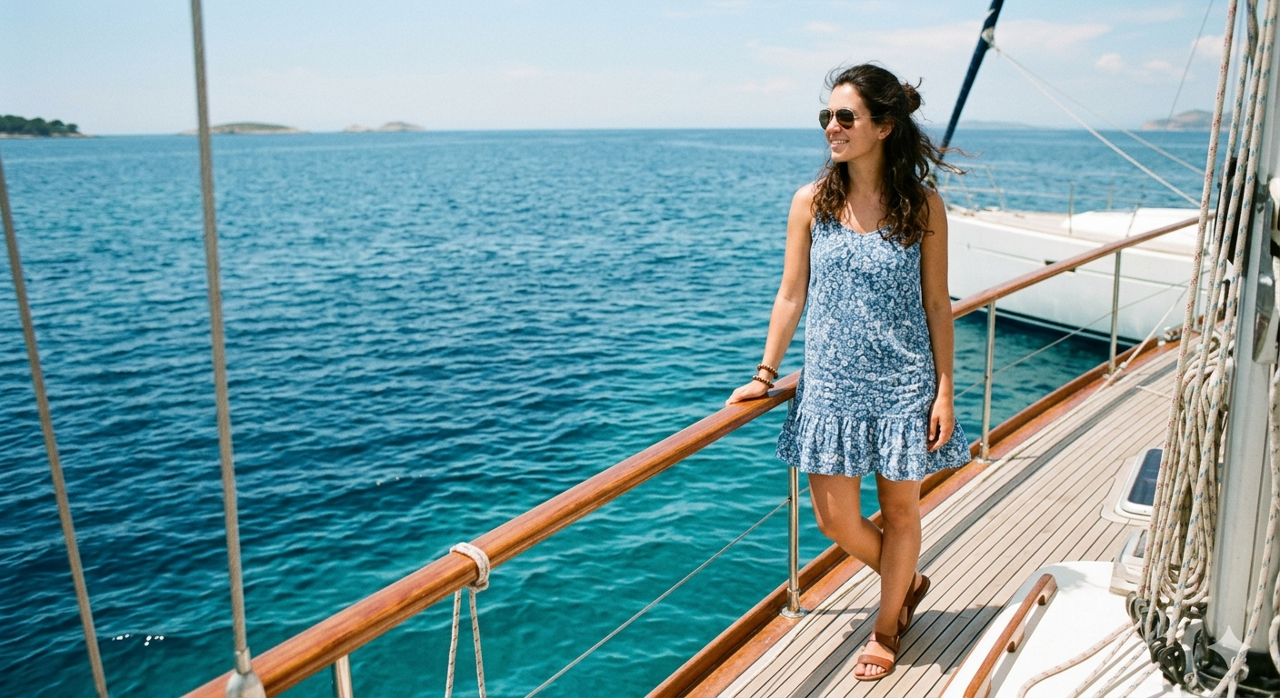 Woman on Yacht in Blue Summer Dress - graphicpicker.com