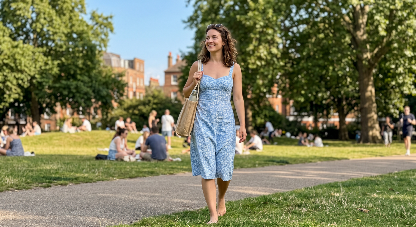 Woman Walking in University Garden - graphicpicker.com