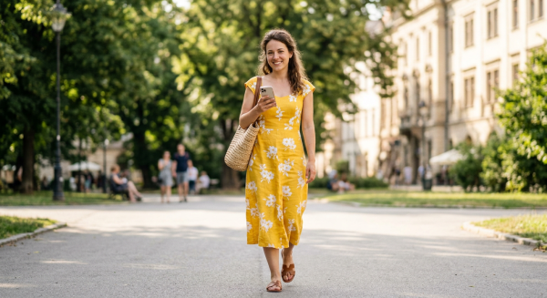 Woman Walking with Yellow Dress - graphicpicker.com