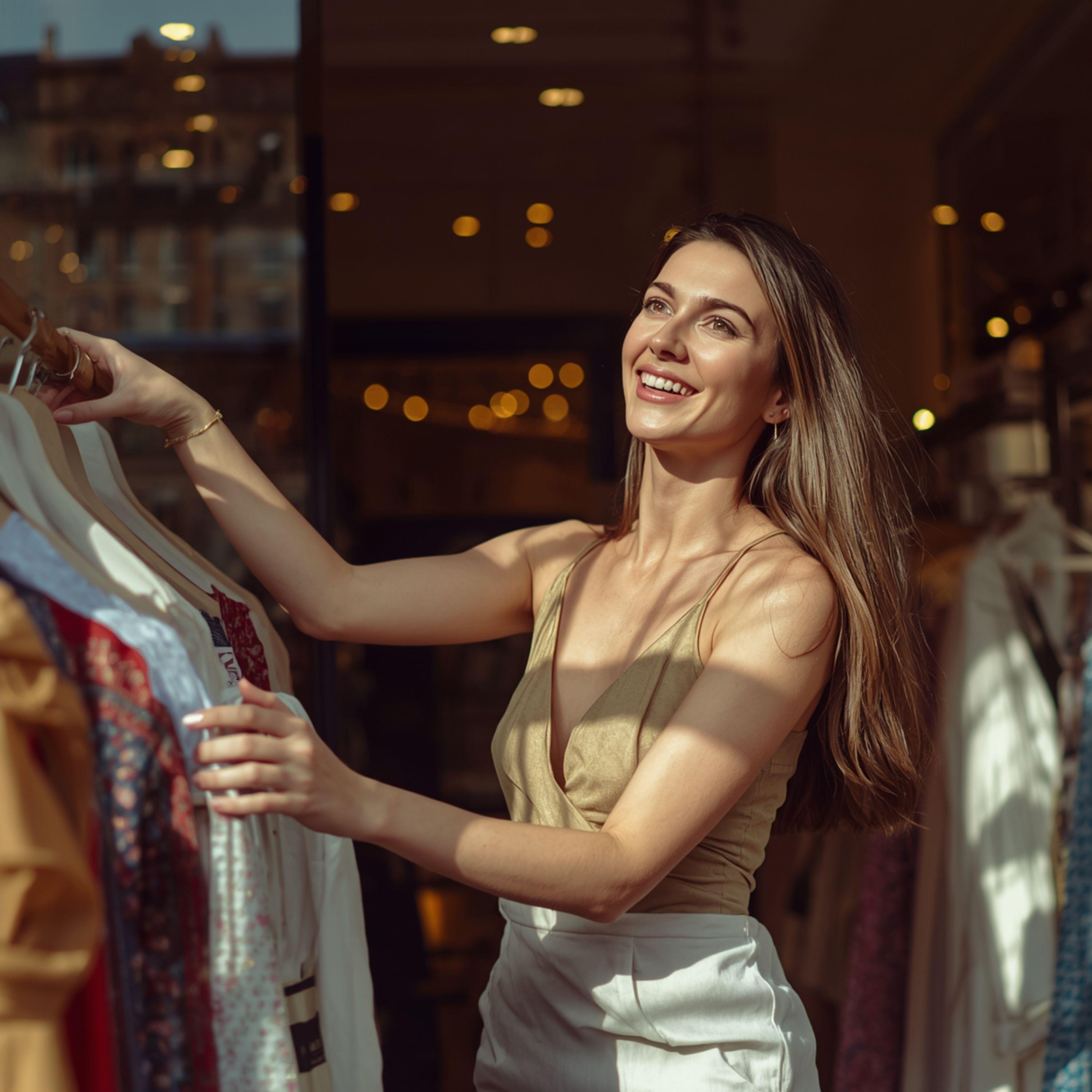 Happy Woman Shopping in Clothing Store - graphicpicker.com