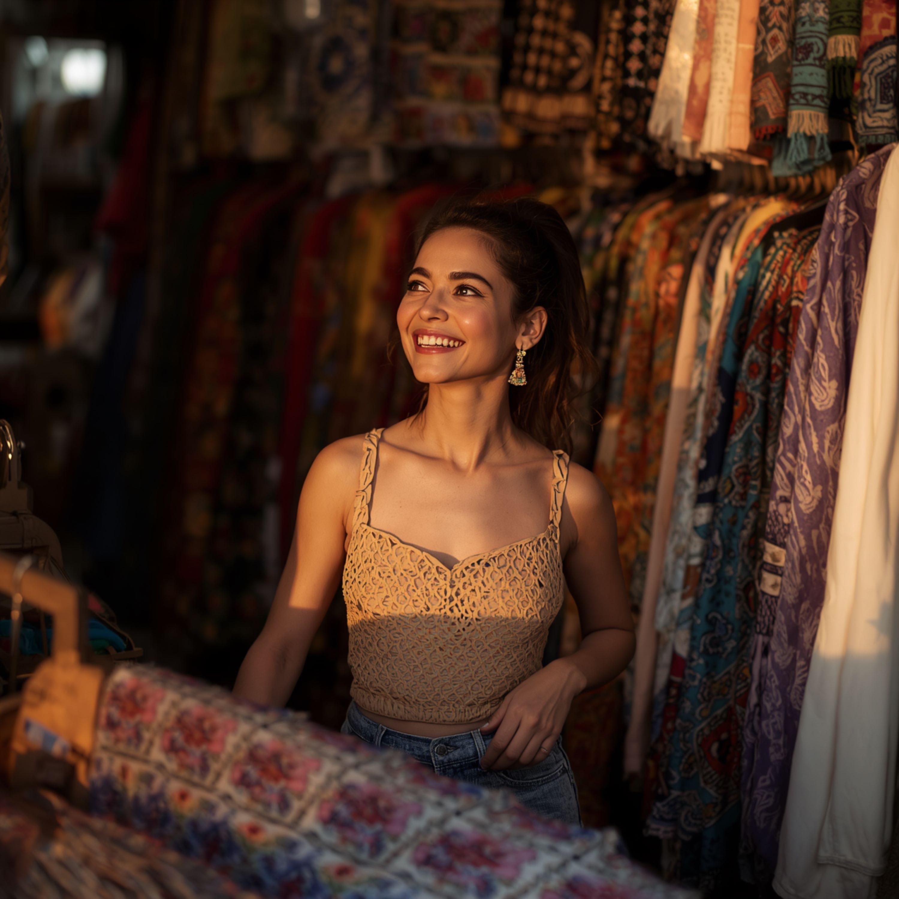 Woman Standing in Vintage Clothing Shop - graphicpicker.com