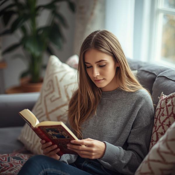 Young Woman Reading Book Indoors - graphicpicker.com
