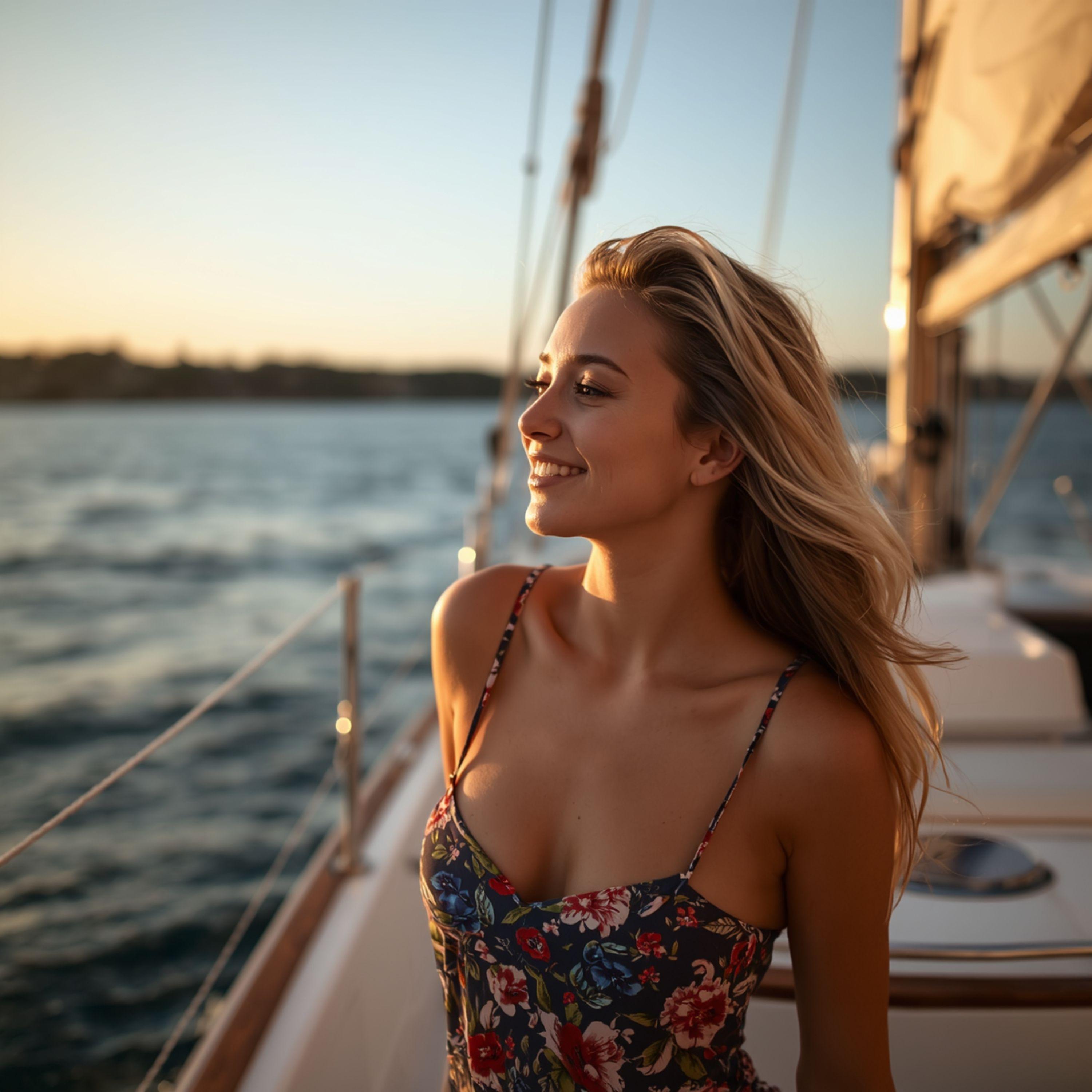 Woman Relaxing on Yacht at Sunset - graphicpicker.com