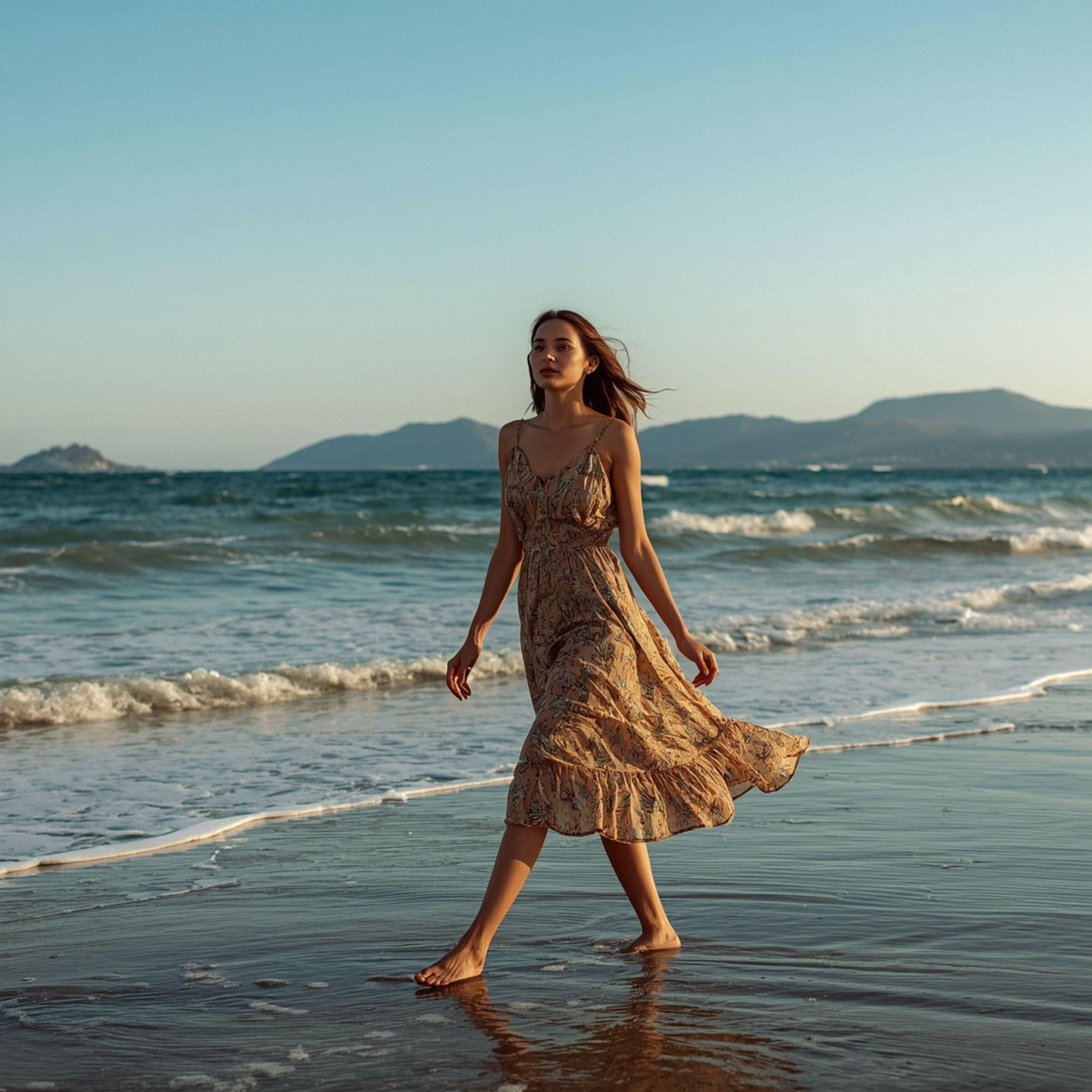 Woman Walking Along Beach Shore - graphicpicker.com