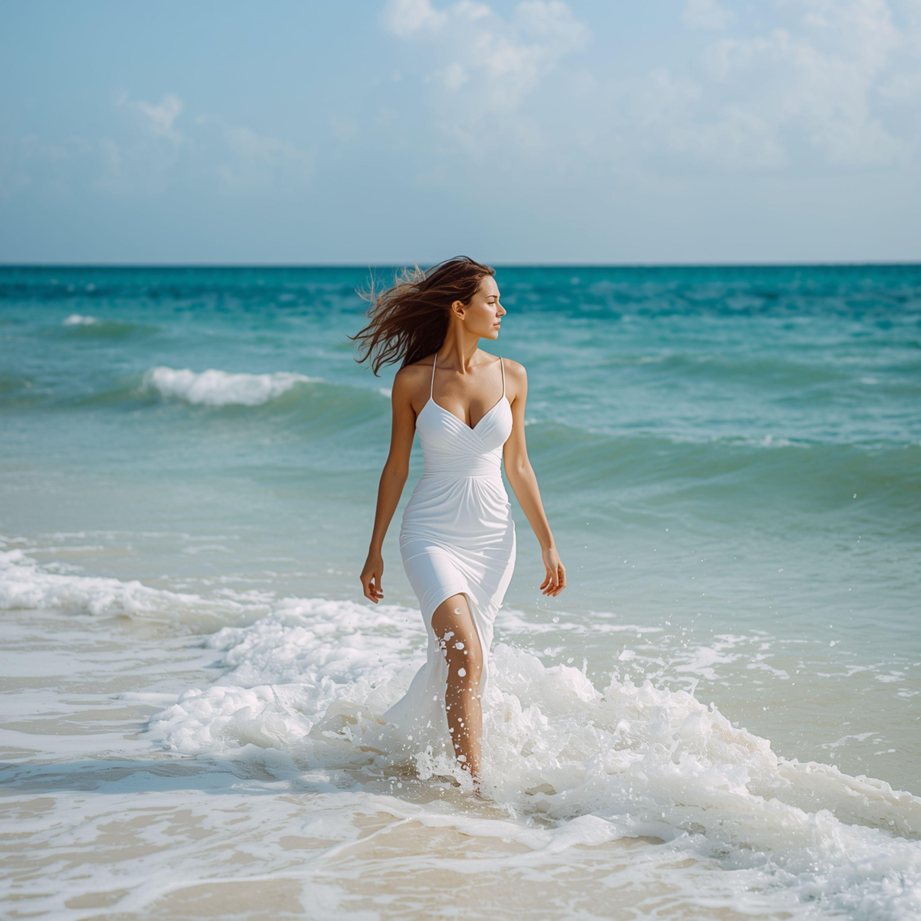 Woman Running Through Ocean Waves - graphicpicker.com