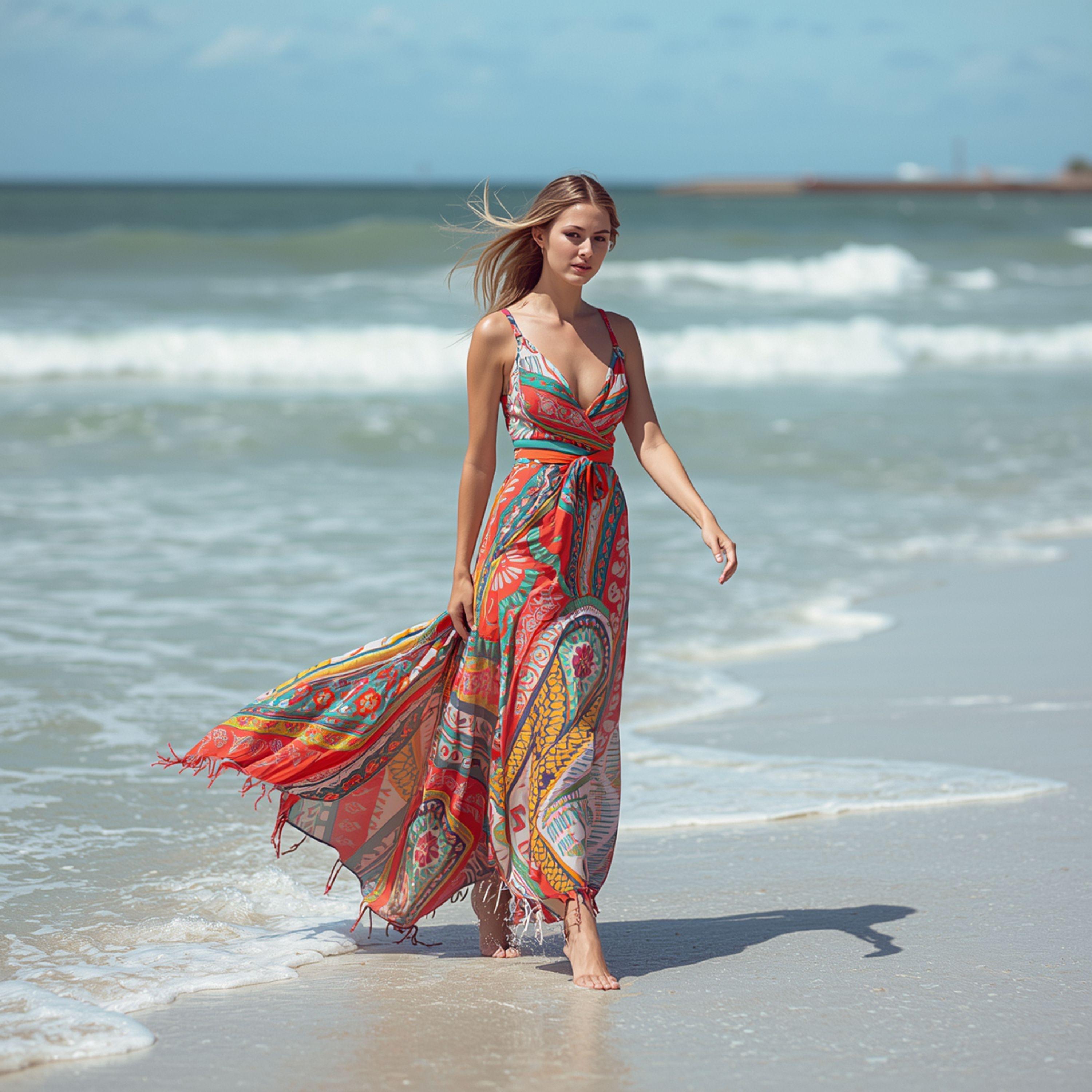 Woman in Colorful Dress on Beach - graphicpicker.com