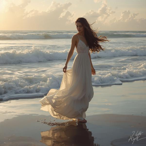 Woman Walking by Ocean at Golden Hour - graphicpicker.com