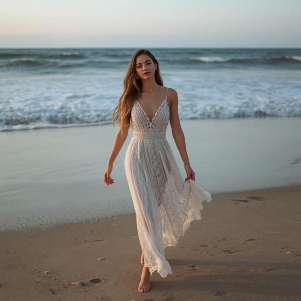 Woman in White Dress at Beach - graphicpicker.com