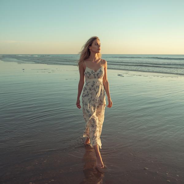 Woman Walking on Calm Beach Water - graphicpicker.com